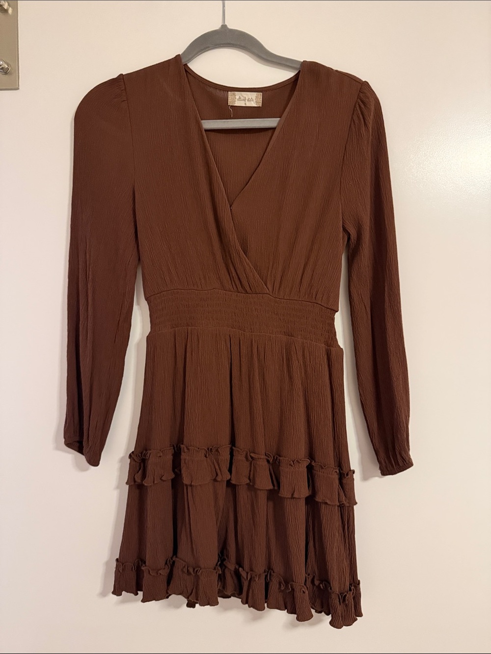 Altar’d StateBrown Long Sleeve Ruffle Hem Dress